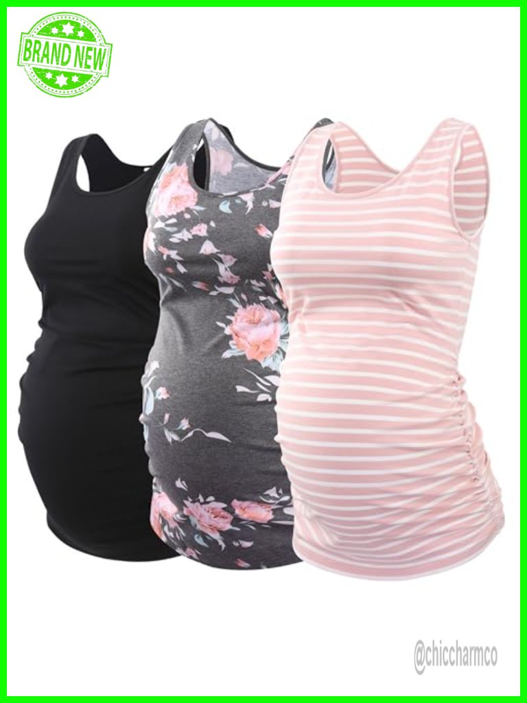 3 Pack Maternity Tank Tops Side Ruched Full Belly Coverage Stretch Breathable